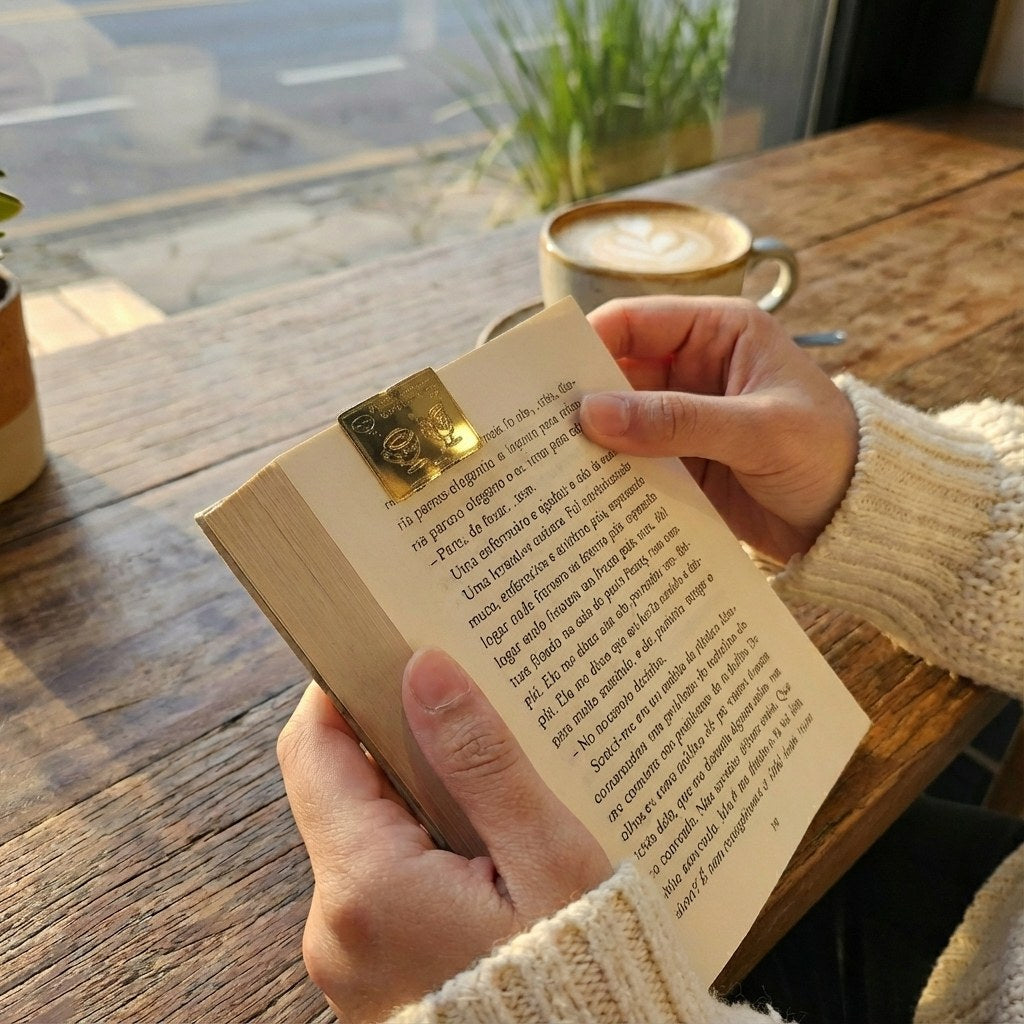 Marcador de página dourado para clube de leitura, com livros e xícara gravados