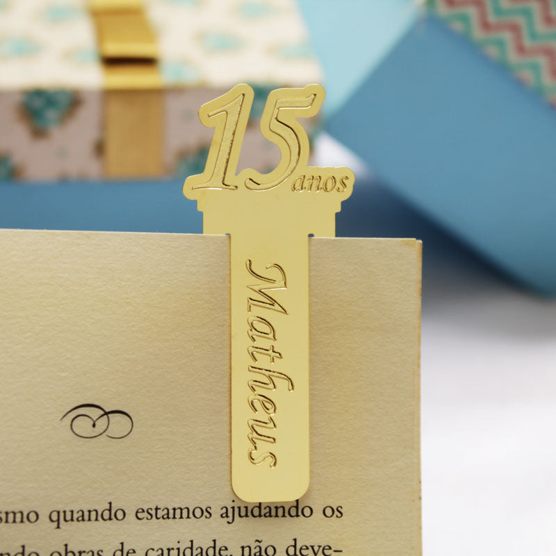 marcador de livro lembrança 15 anos personalizada dourado